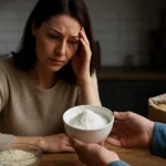 Žena s vážnym výrazom sleduje misku so škrobom a vyzerá znepokojene.