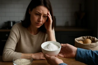 Žena s vážnym výrazom sleduje misku so škrobom a vyzerá znepokojene.