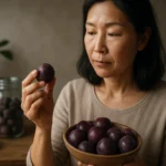 Žena si prezerá japonské slivky ako superpotravinu.