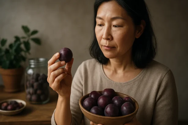 Žena si prezerá japonské slivky ako superpotravinu.