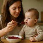 Matka podáva červenú repu svojmu bábätku pri zavádzaní príkrmov.