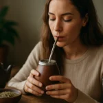 Žena pije maté čaj z tradičnej nádoby s kovovou slamkou.