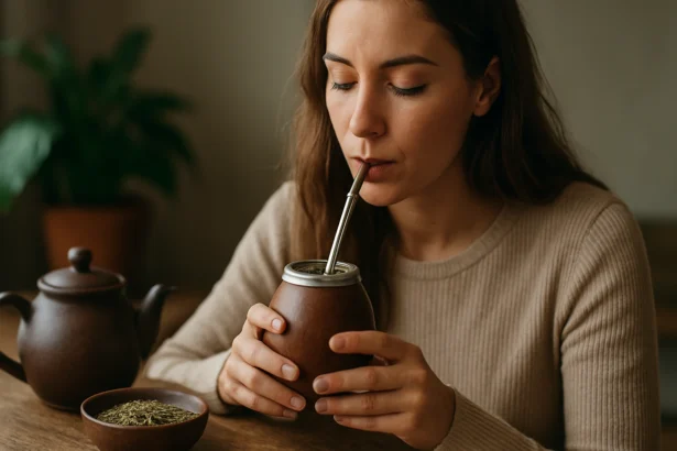 Žena pije maté čaj z tradičnej nádoby s kovovou slamkou.