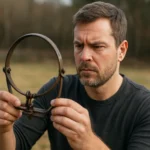 Muž skúma pascu na slučky v prírode