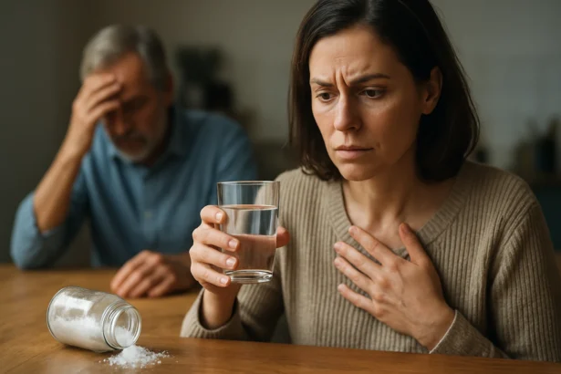 Žena s pohárom vody, znepokojená prítomnosťou arzénu.