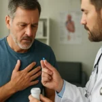 Lekár podáva pacientovi tabletku na liečbu kardiovaskulárnych ochorení.