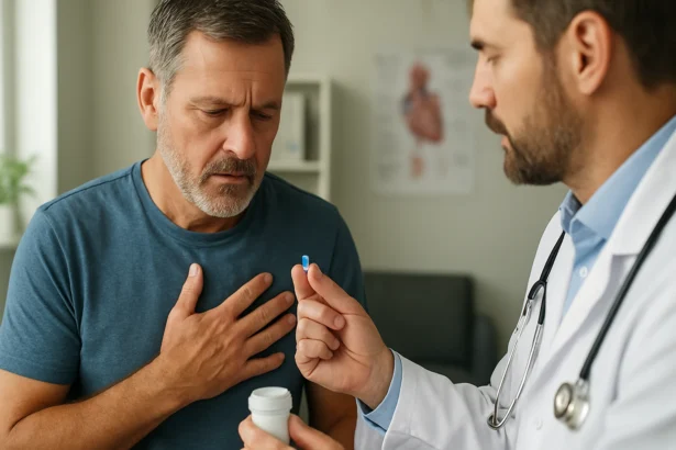 Lekár podáva pacientovi tabletku na liečbu kardiovaskulárnych ochorení.