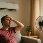 Muž sedí na pohovke s hlavou v dlaniach, klimatizácia v pozadí.