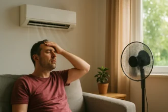 Muž sedí na pohovke s hlavou v dlaniach, klimatizácia v pozadí.