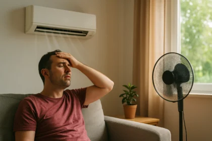 Muž sedí na pohovke s hlavou v dlaniach, klimatizácia v pozadí.