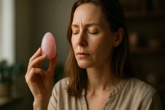 Žena drži ružový jadeit, zatvorenými očami pre meditáciu a vnútorný pokoj.