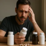 Muž skúma doplnky stravy s obavami o vedľajšie účinky.