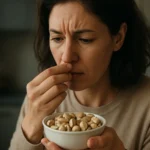 Žena skúma pistácie, obavy zo zdravotných rizík.