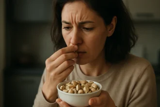 Žena skúma pistácie, obavy zo zdravotných rizík.