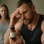 Muž s mesterolónom vyzerá znepokojene, žena stojí v pozadí