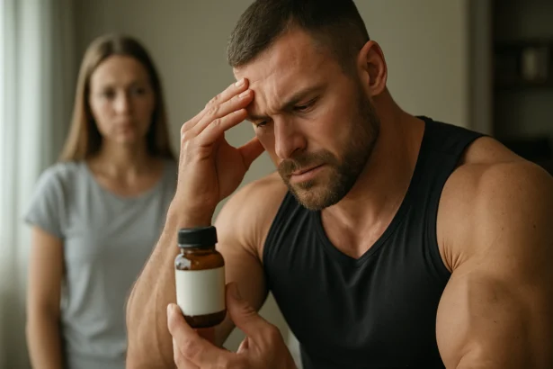 Muž s mesterolónom vyzerá znepokojene, žena stojí v pozadí