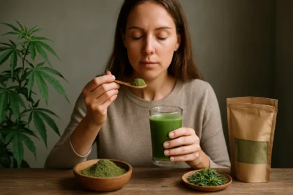 Žena s konopným práškom a smoothie pre zdravie
