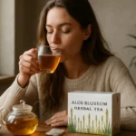 Žena vychutnáva Aloe Blossom bylinný čaj v útulnom prostredí.