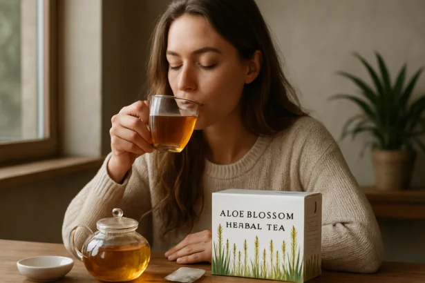 Žena vychutnáva Aloe Blossom bylinný čaj v útulnom prostredí.