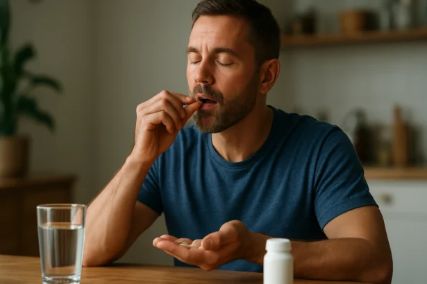 Muž užíva vitamíny kvôli zdraviu a vitalite