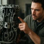 Mechanik skúma štvortaktný motor s detailmi a súčiastkami.