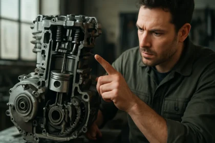 Mechanik skúma štvortaktný motor s detailmi a súčiastkami.