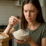 Žena skúma celozrnnú múku v kuchyni s váhavým výrazom.