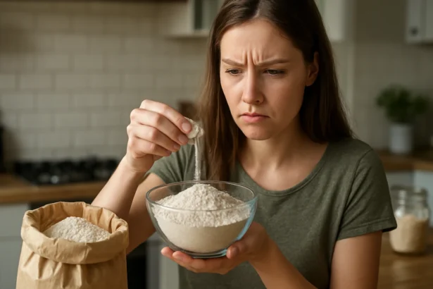 Žena skúma celozrnnú múku v kuchyni s váhavým výrazom.
