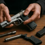 Detail pištole PA-63 s technickými súčasti na drevenom stole.