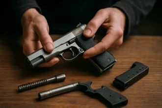 Detail pištole PA-63 s technickými súčasti na drevenom stole.