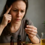 Žena skúma fľaštičku s esenciálnym olejom.