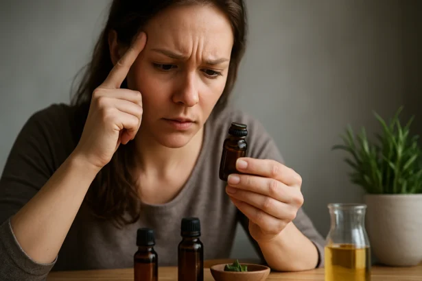 Žena skúma fľaštičku s esenciálnym olejom.