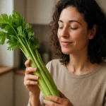 Žena s čerstvým zelerom v kuchyni, objavujúca jeho zdravotné výhody.