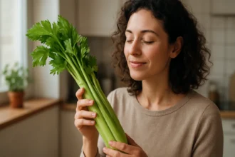 Žena s čerstvým zelerom v kuchyni, objavujúca jeho zdravotné výhody.