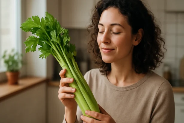 Žena s čerstvým zelerom v kuchyni, objavujúca jeho zdravotné výhody.