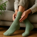 Žena v zelených bambusových ponožkách relaxuje na pohovke