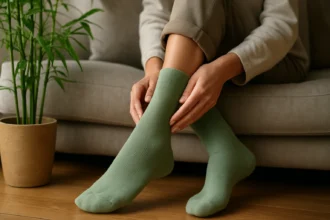 Žena v zelených bambusových ponožkách relaxuje na pohovke