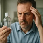 Muž skúma fľašu s propylénglykolom s obavami o bezpečnosť.