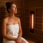 Žena relaxuje v infrasaune s hlbokým uvoľnením a regeneráciou.