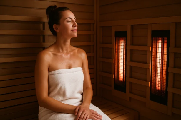 Žena relaxuje v infrasaune s hlbokým uvoľnením a regeneráciou.