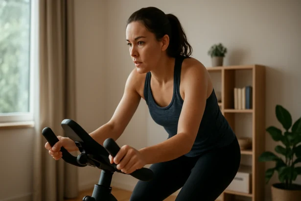 Žena cvičí na stacionárnom bicykli v domácom prostredí.