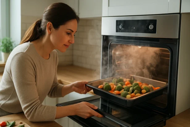 Žena pripravujúca zeleninu v parnej rúre pre zdravé jedlo