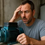 Muž so zamysleným výrazom sleduje vibračné čerpadlo.