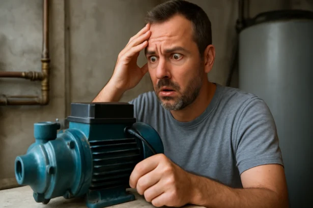 Muž so zamysleným výrazom sleduje vibračné čerpadlo.