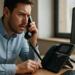 Muž hovorí po telefóne, zatiaľ čo pracuje na počítači.