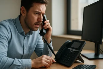 Muž hovorí po telefóne, zatiaľ čo pracuje na počítači.