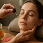 A woman receiving a facial treatment with rose oil.