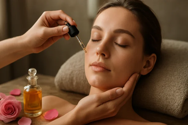 A woman receiving a facial treatment with rose oil.