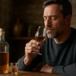 Muž vychutnáva pálenku v pohári, vedľa fľaša.