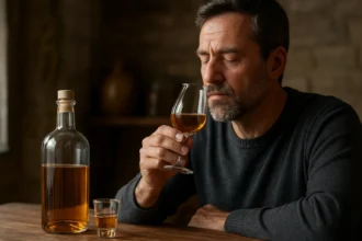 Muž vychutnáva pálenku v pohári, vedľa fľaša.